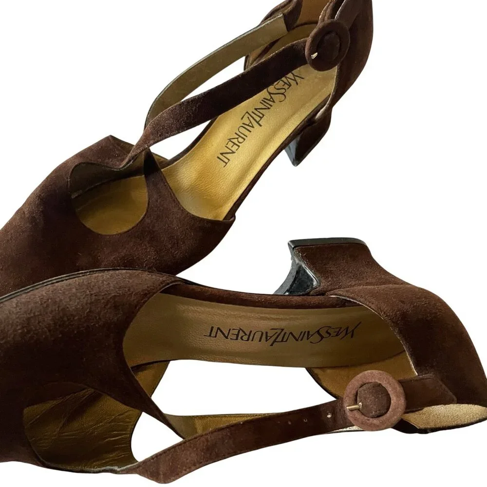 Rare YSL Yves Saint Laurent Brown Vintage Luxury Couture Suede Heels 8N - Picture 1 of 11